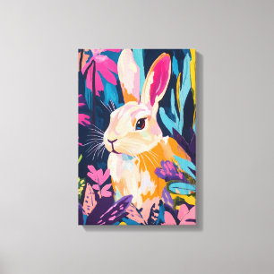 Colourful Rabbit Floral Wall Art Whimsical Bunny