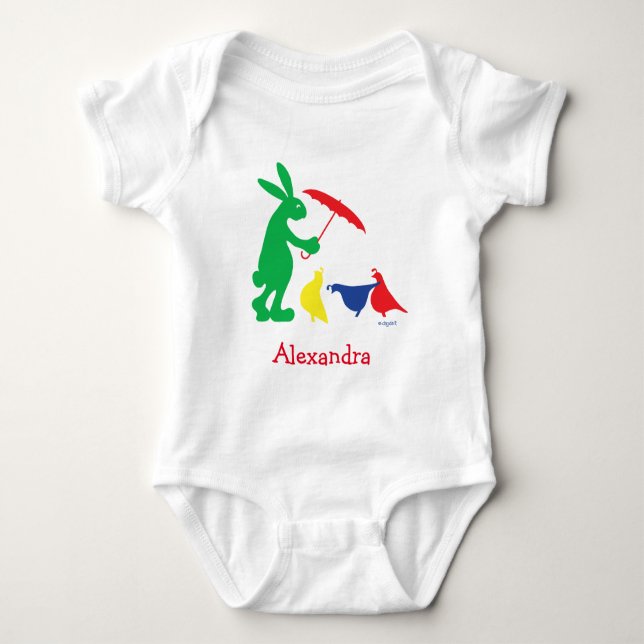 Colourful Rabbit & Quail Raindrops Baby Bodysuit (Front)