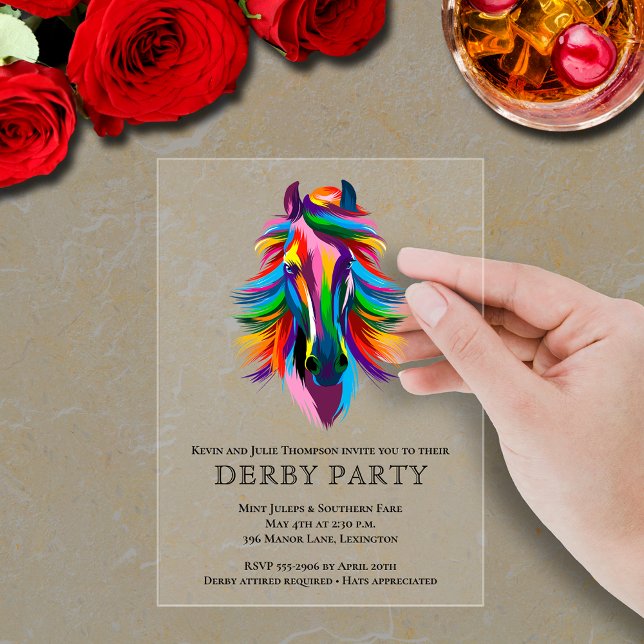 Colourful Racehorse Derby Party Acrylic Invitations (Colorful racehorse derby party acrylic invitations - order clear or frosted)