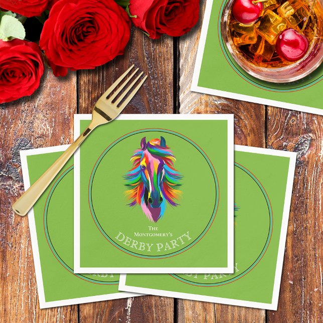Colourful Racehorse Derby Party Green Napkin (Colorful racehorse on green Derby party cocktail napkins)