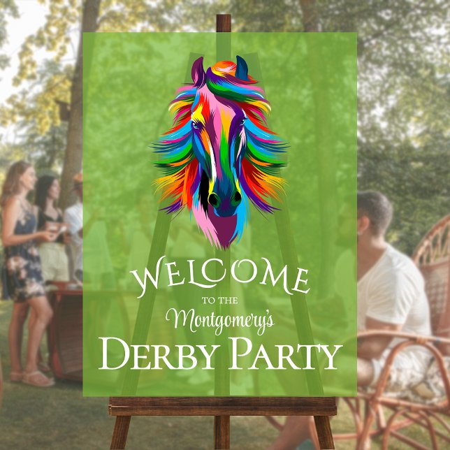 Colourful Racehorse Derby Party Welcome Acrylic Sign (Colorful racehorse on green derby party personalized acrylic welcome sign)