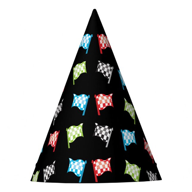 Colourful Racing Flags on Black Birthday Party Hat (Front)