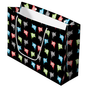 Colourful Racing Flags on Black Birthday Party Large Gift Bag