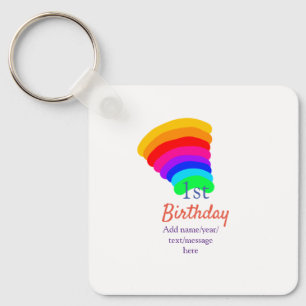 Colourful rainbow 1st birthday add date name messa key ring