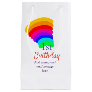 Colourful rainbow 1st birthday add date name messa small gift bag