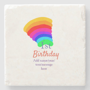 Colourful rainbow 1st birthday add date name messa stone coaster