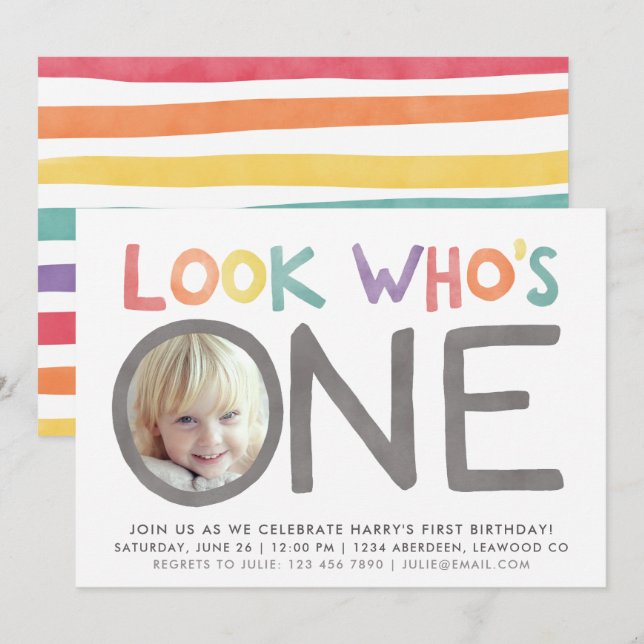 Colourful Rainbow 1st Birthday Invitations | Photo (Front/Back)