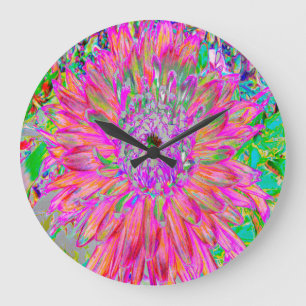 Colourful Rainbow Abstract Decorative Dahlia Flowe Large Clock