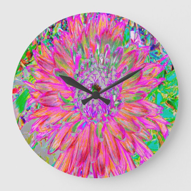 Colourful Rainbow Abstract Decorative Dahlia Flowe Large Clock (Front)
