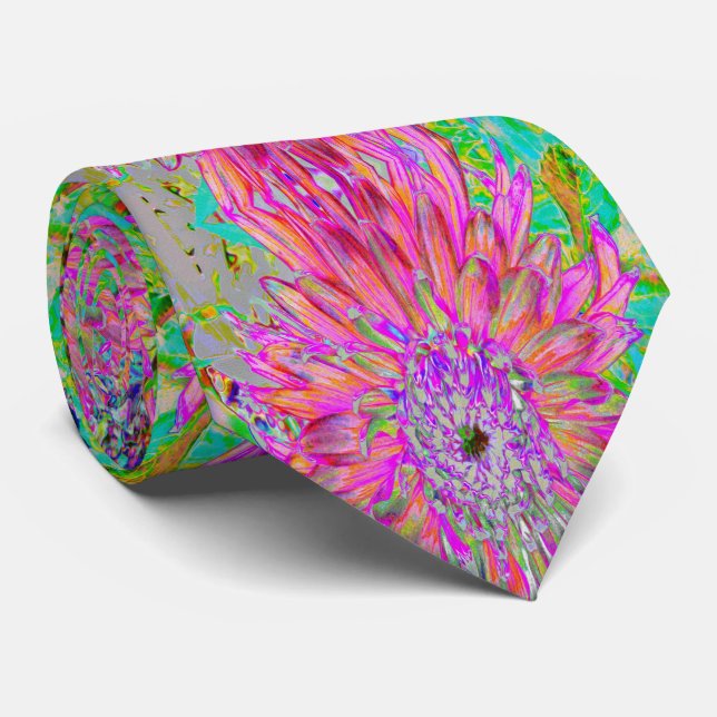 Colourful Rainbow Abstract Decorative Dahlia Flowe Tie (Rolled)