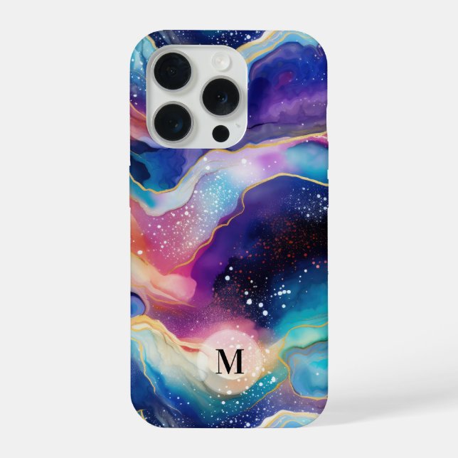 Colourful rainbow agate glitter texture monogram iPhone case (Back)