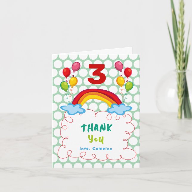 Colourful Rainbow And Balloons Photo Kid's Birthda Thank You Card (Front)