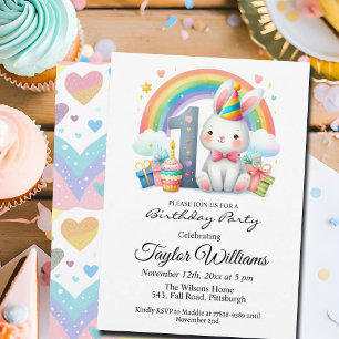 Colourful Rainbow and Bunny 1st Birthday Party Invitation