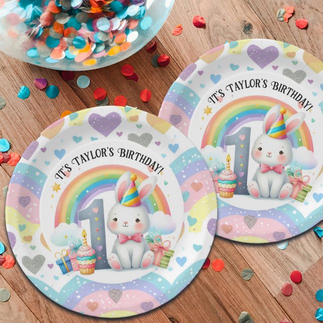 Colourful Rainbow and Bunny 1st Birthday Party Paper Plate (Creator Uploaded)