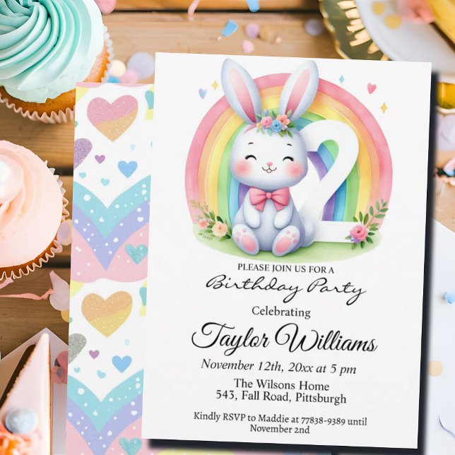 Colourful Rainbow and Bunny 2nd Birthday Party Invitation (Creator Uploaded)
