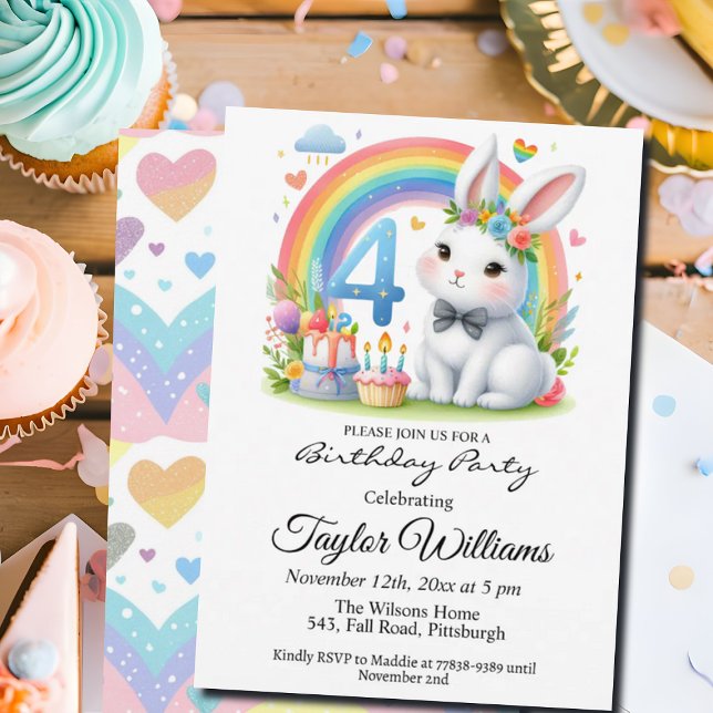 Colourful Rainbow and Bunny 4th Birthday Party Invitation (Creator Uploaded)