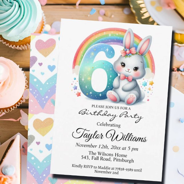 Colourful Rainbow and Bunny 6th Birthday Party Invitation (Creator Uploaded)