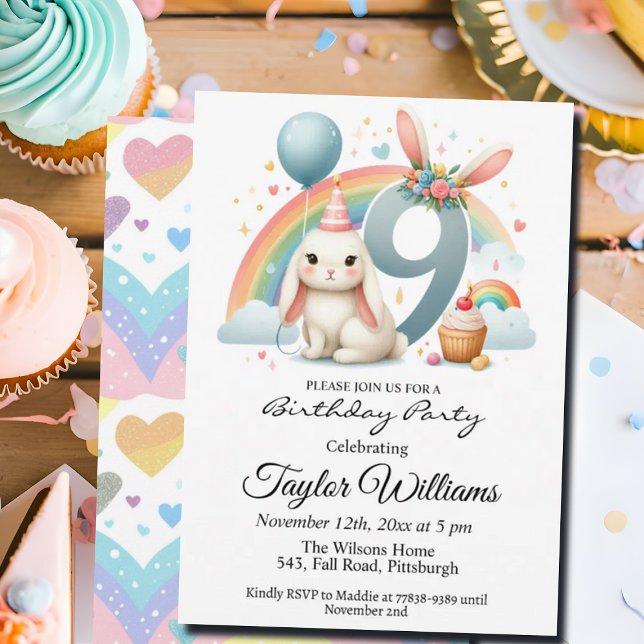 Colourful Rainbow and Bunny 9th Birthday Party Invitation (Creator Uploaded)