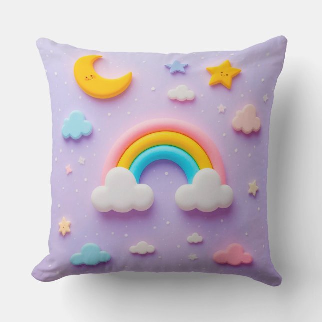 Colourful Rainbow and Happy Clouds with Moon Cushion (Front)