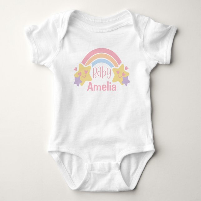 Colourful Rainbow And Stars Custom Name Baby Bodysuit (Front)