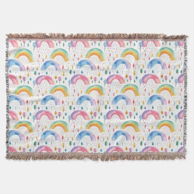 Colourful Rainbow and Tree Seamless Pattern Throw Blanket (Front)