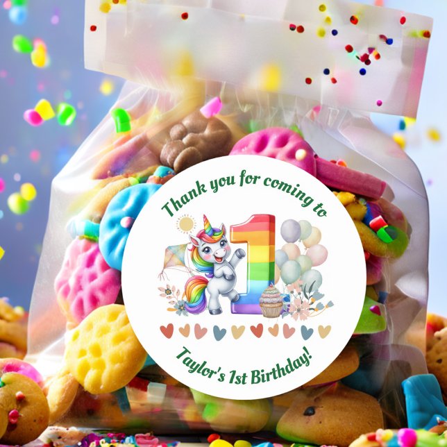 Colourful Rainbow and Unicorn 1st Birthday Party Classic Round Sticker (Creator Uploaded)