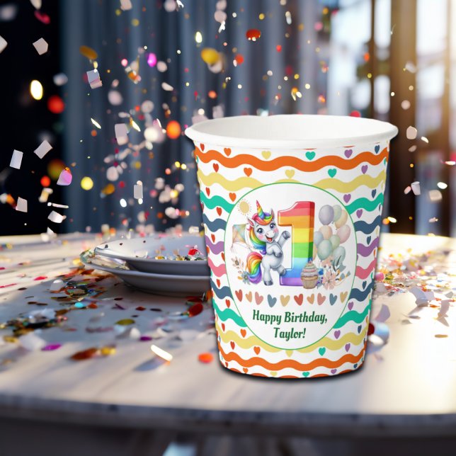 Colourful Rainbow and Unicorn 1st Birthday Party Paper Cups (Creator Uploaded)