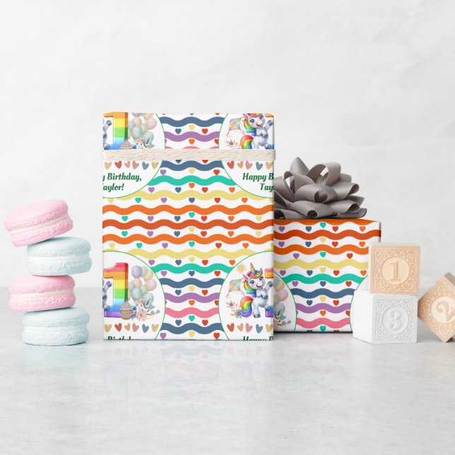 Colourful Rainbow and Unicorn 1st Birthday Party Wrapping Paper (Baby Shower)
