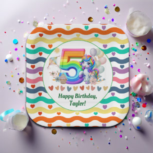 Colourful Rainbow and Unicorn 5th Birthday Party Paper Plate