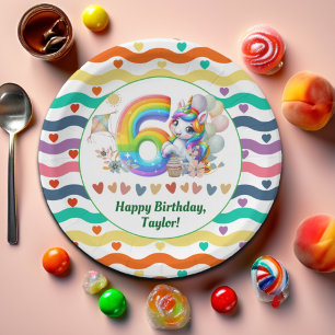 Colourful Rainbow and Unicorn 6th Birthday Party Paper Plate