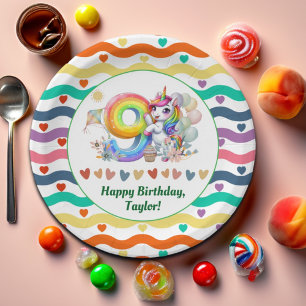 Colourful Rainbow and Unicorn 9th Birthday Party Paper Plate