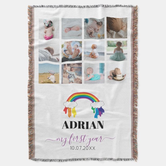 Colourful Rainbow Baby First Year Photo Collage Throw Blanket (Front Vertical)