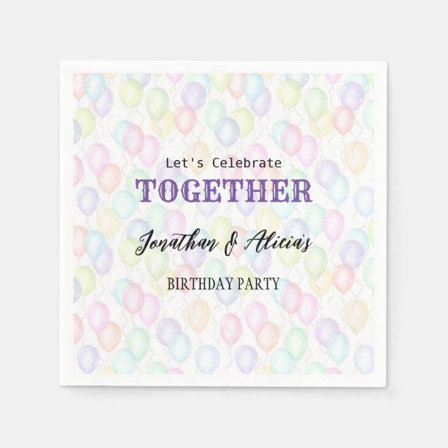 Colourful Rainbow Balloon Joint Birthday Party  Napkin (Front)