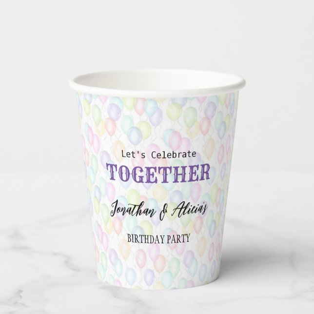Colourful Rainbow Balloon Joint Birthday Party Paper Cups (Back)