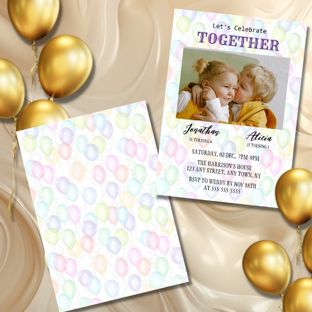 Colourful Rainbow Balloon Twin Photo Birthday  Invitation (Creator Uploaded)