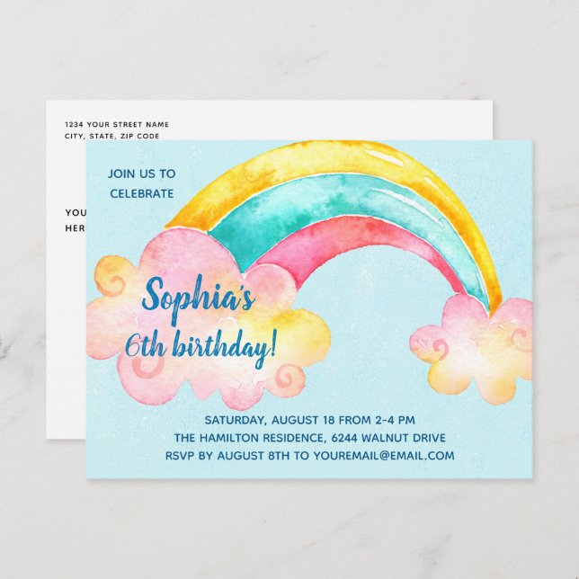 Colourful Rainbow Birthday Party Invitation Postcard (Front/Back)