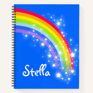 Colourful rainbow blue sky and star custom name notebook