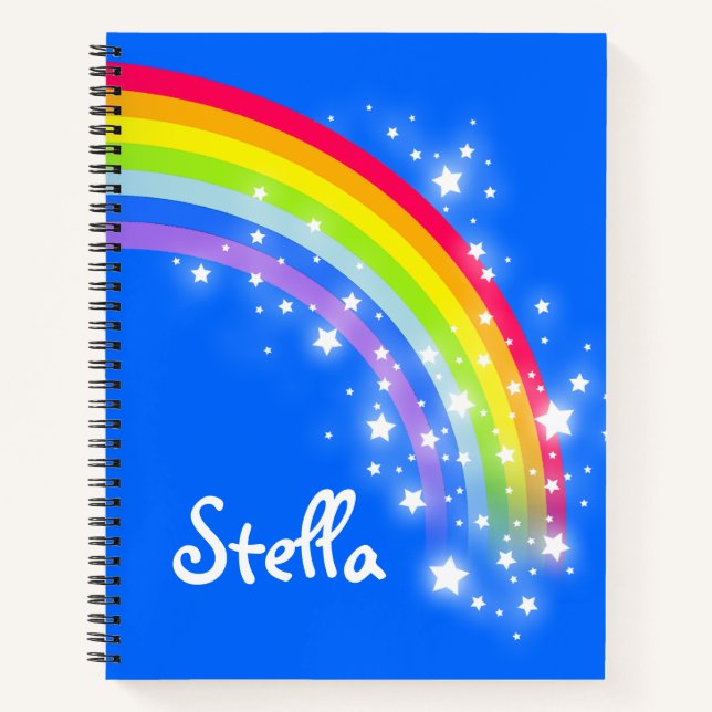 Colourful rainbow blue sky and star custom name notebook (Front)