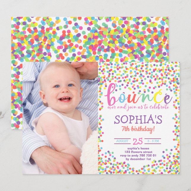 Colourful Rainbow Bounce Birthday Girl with Photo Invitation (Front/Back)