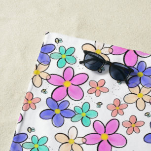 colourful rainbow bright flowers bumble bees flora beach towel