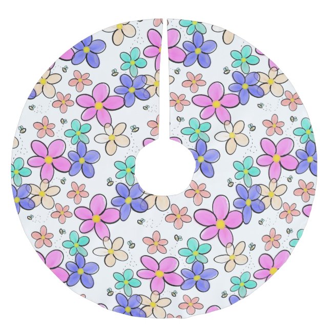 colourful rainbow bright flowers bumble bees flora brushed polyester tree skirt (Front)