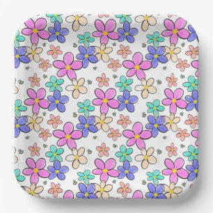 colourful rainbow bright flowers bumble bees flora paper plate