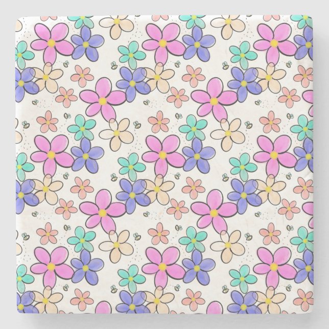 colourful rainbow bright flowers bumble bees flora stone coaster (Front)
