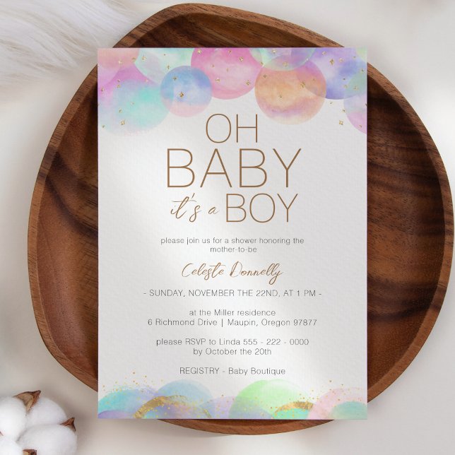 Colourful Rainbow Bubbles White Oh Baby Boy Shower Invitation (Creator Uploaded)