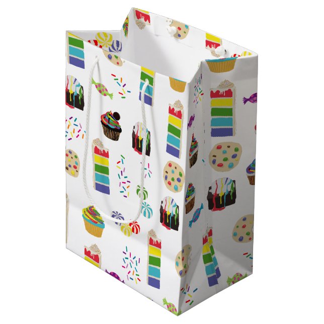 Colourful Rainbow Cake Desserts & Sprinkles Patter Medium Gift Bag (Front Angled)