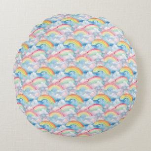 Colourful Rainbow, Cloud, and Snowflake Seamless Round Cushion