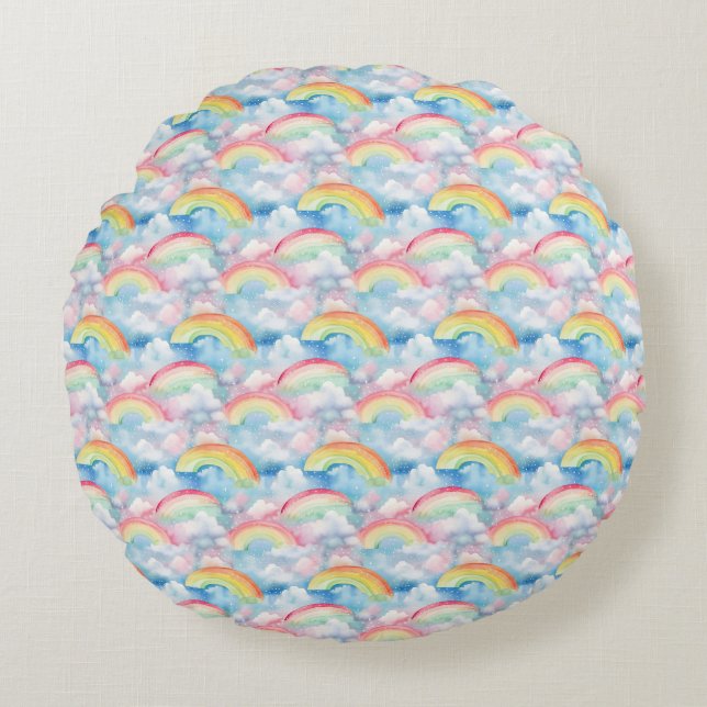 Colourful Rainbow, Cloud, and Snowflake Seamless Round Cushion (Front)