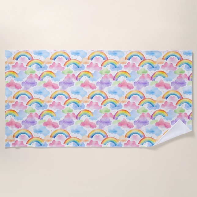 Colourful Rainbow, Cloud, and Star Pattern Beach Towel (Front)