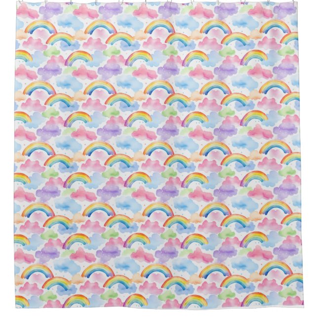 Colourful Rainbow, Cloud, and Star Pattern Shower Curtain (Front)