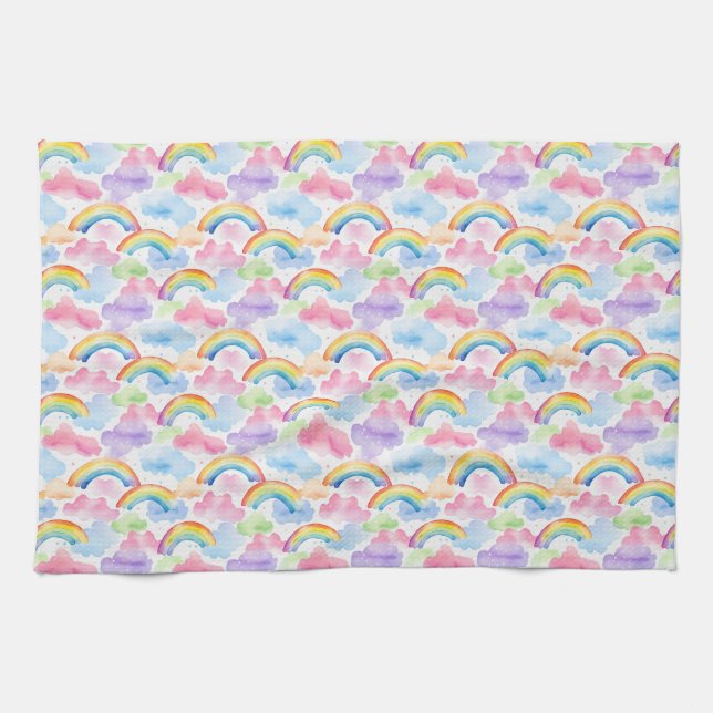 Colourful Rainbow, Cloud, and Star Pattern Tea Towel (Horizontal)